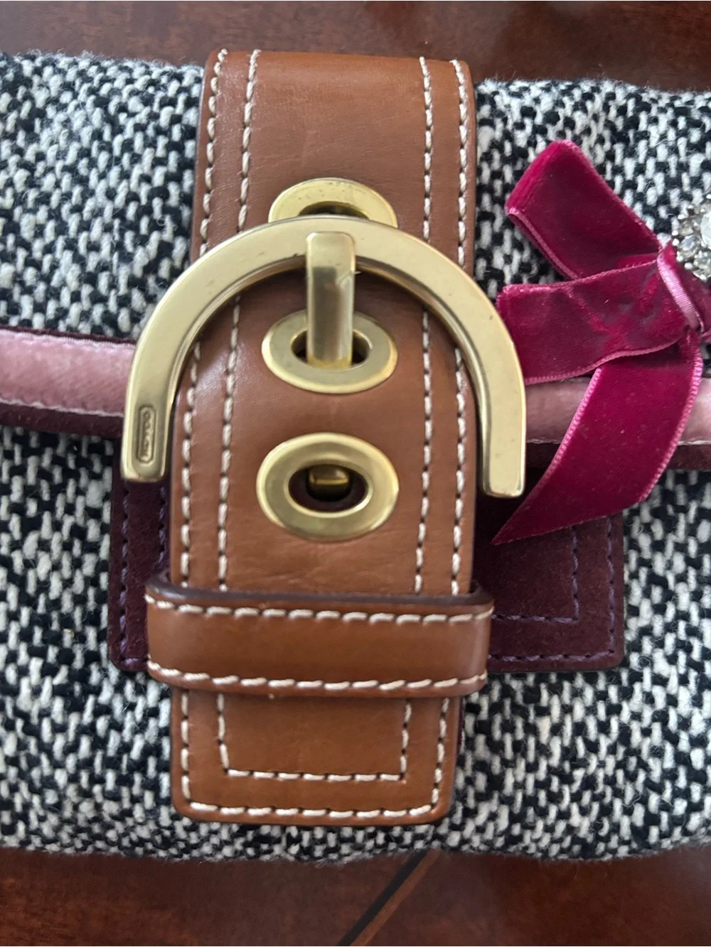 Coach Tweed Soho Demi Flap Shoulder Bag 8F01 Y2K Suede Bow Crystal
